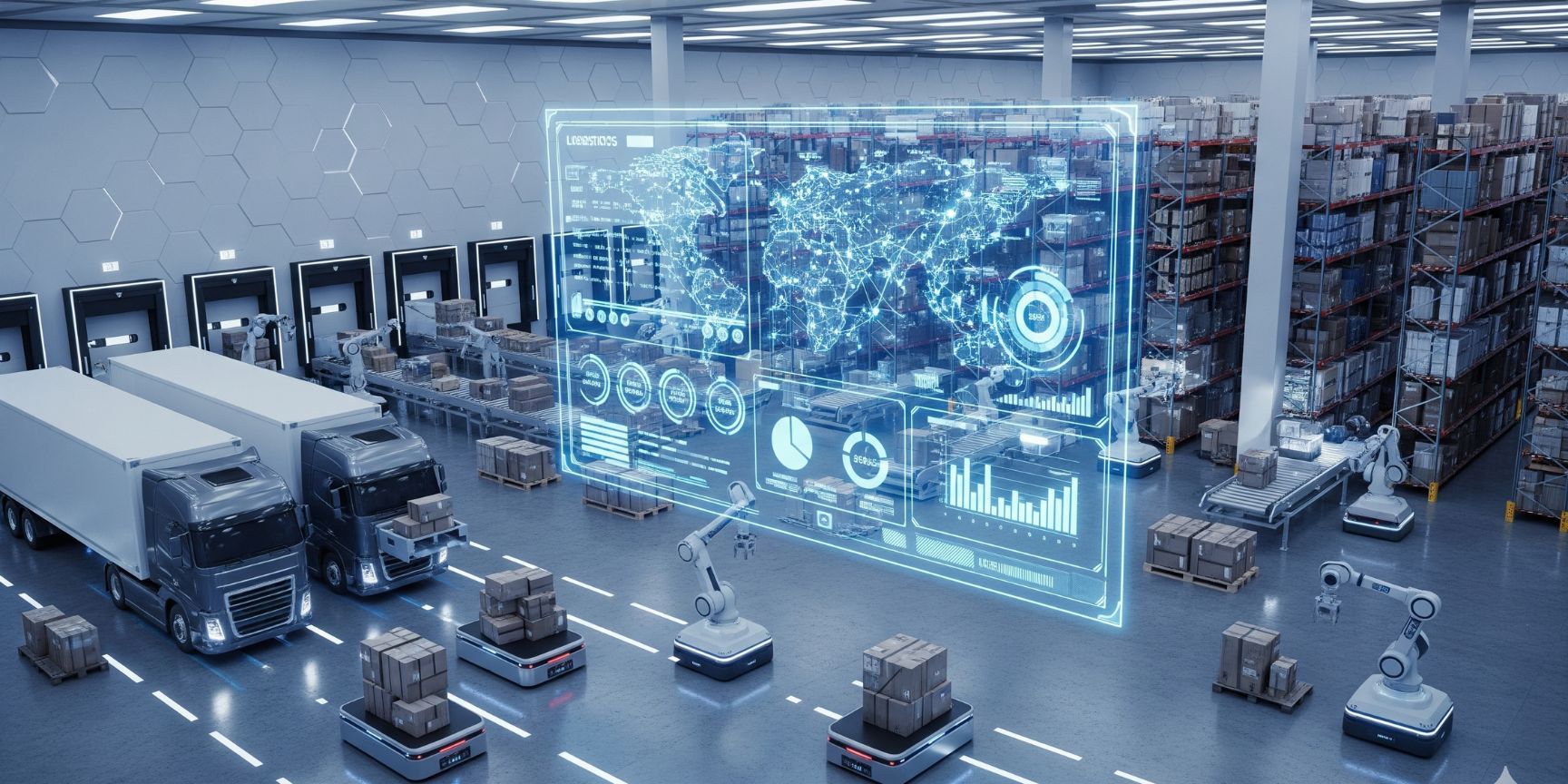 Modernes, hochautomatisiertes Logistikzentrum mit hohen Regalen und autonomen Robotern, überlagert von einer digitalen Benutzeroberfläche, die Daten und Analysen zeigt und die Funktionalität eines spezialisierten Online-Portals für Logistikimmobilien symbolisiert